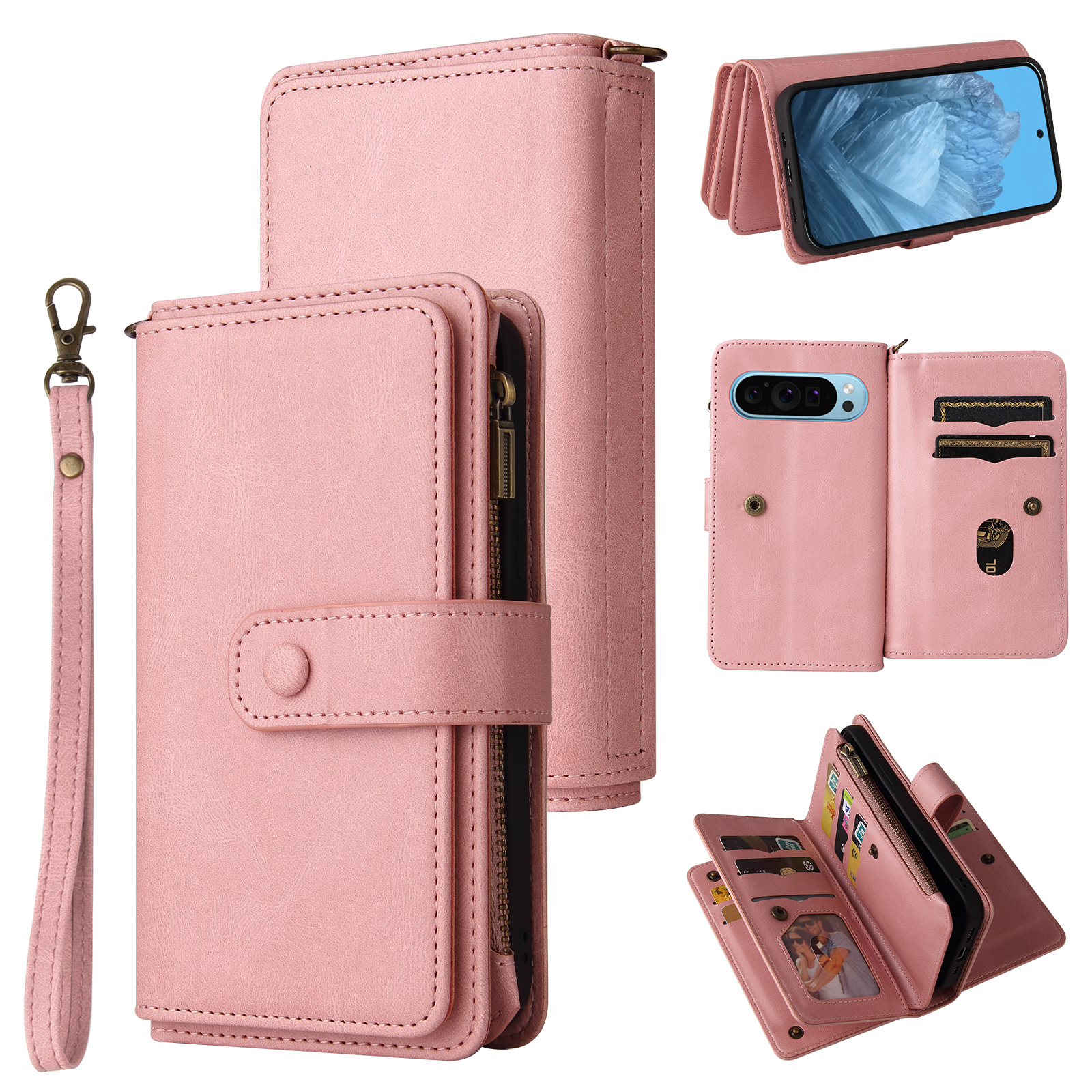 For Google Pixel 10 Pro / Google Pixel 9 / Google Pixel 9 Pro / Google Pixel 10 Zipper Wallet Case with 15 Card Slots and Strap Leather Phone Cover - Pink