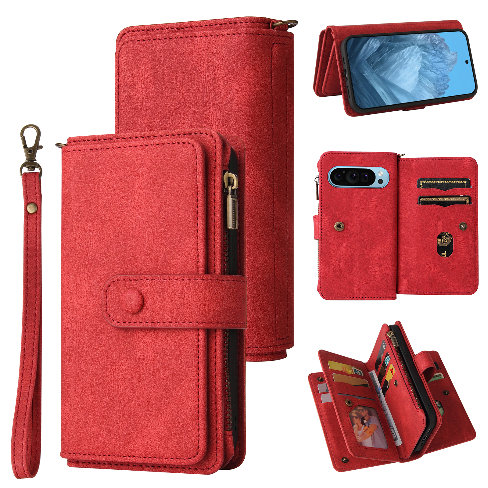 For Google Pixel 10 Pro / Google Pixel 9 / Google Pixel 9 Pro / Google Pixel 10 Zipper Wallet Case with 15 Card Slots and Strap Leather Phone Cover - Red