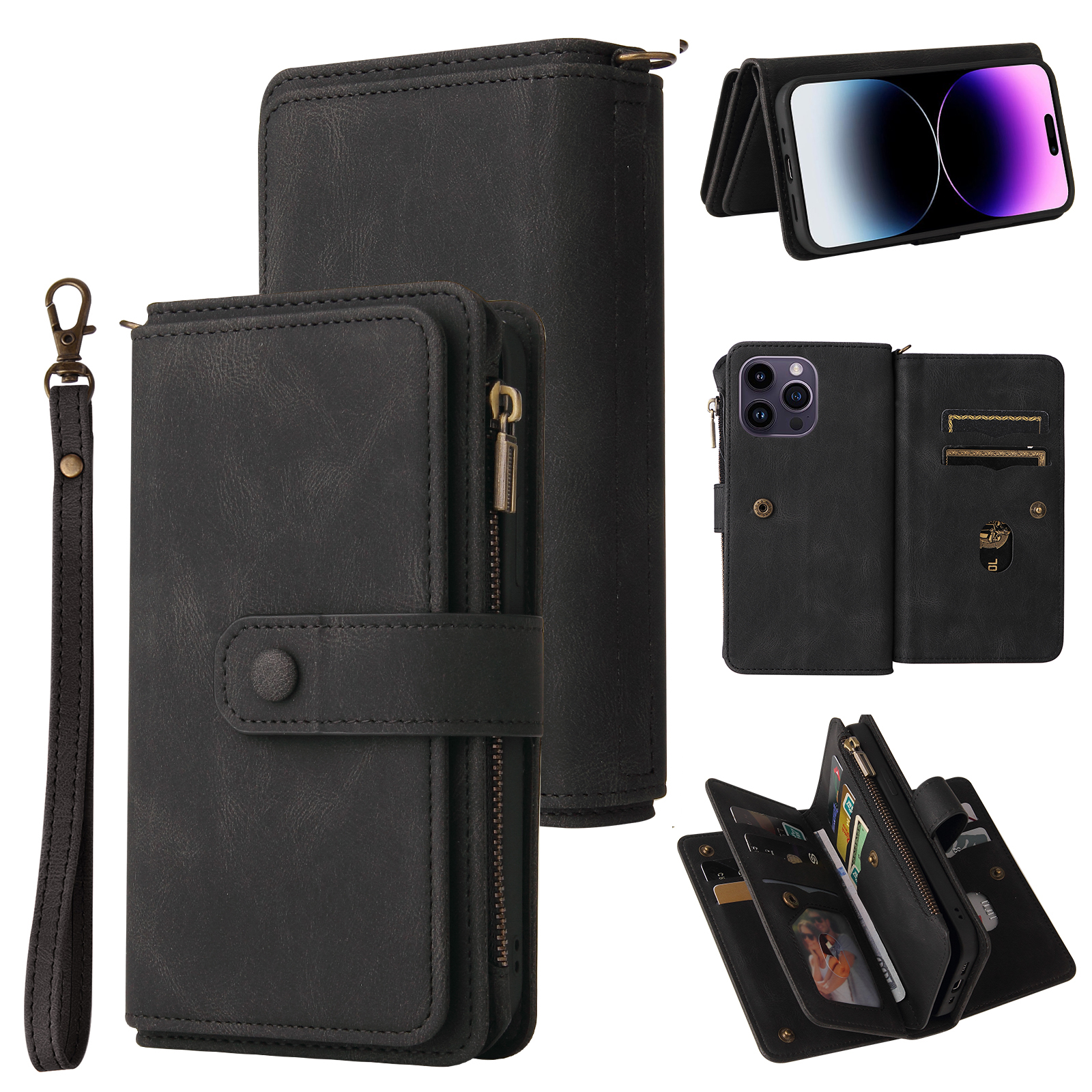 For iPhone 15 Pro Max Zipper Wallet Case with 15 Card Slots and Strap Leather Phone Cover - Black