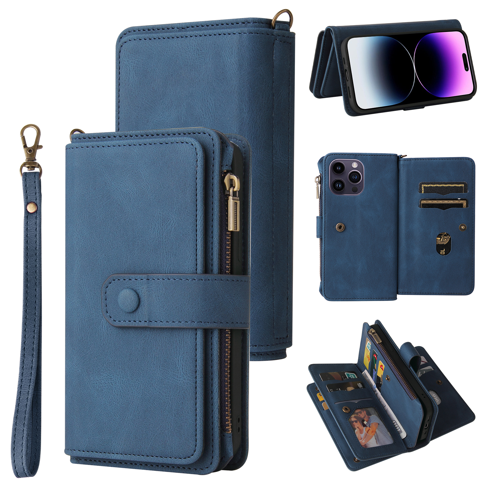 For iPhone 15 Pro Max Zipper Wallet Case with 15 Card Slots and Strap Leather Phone Cover - Blue