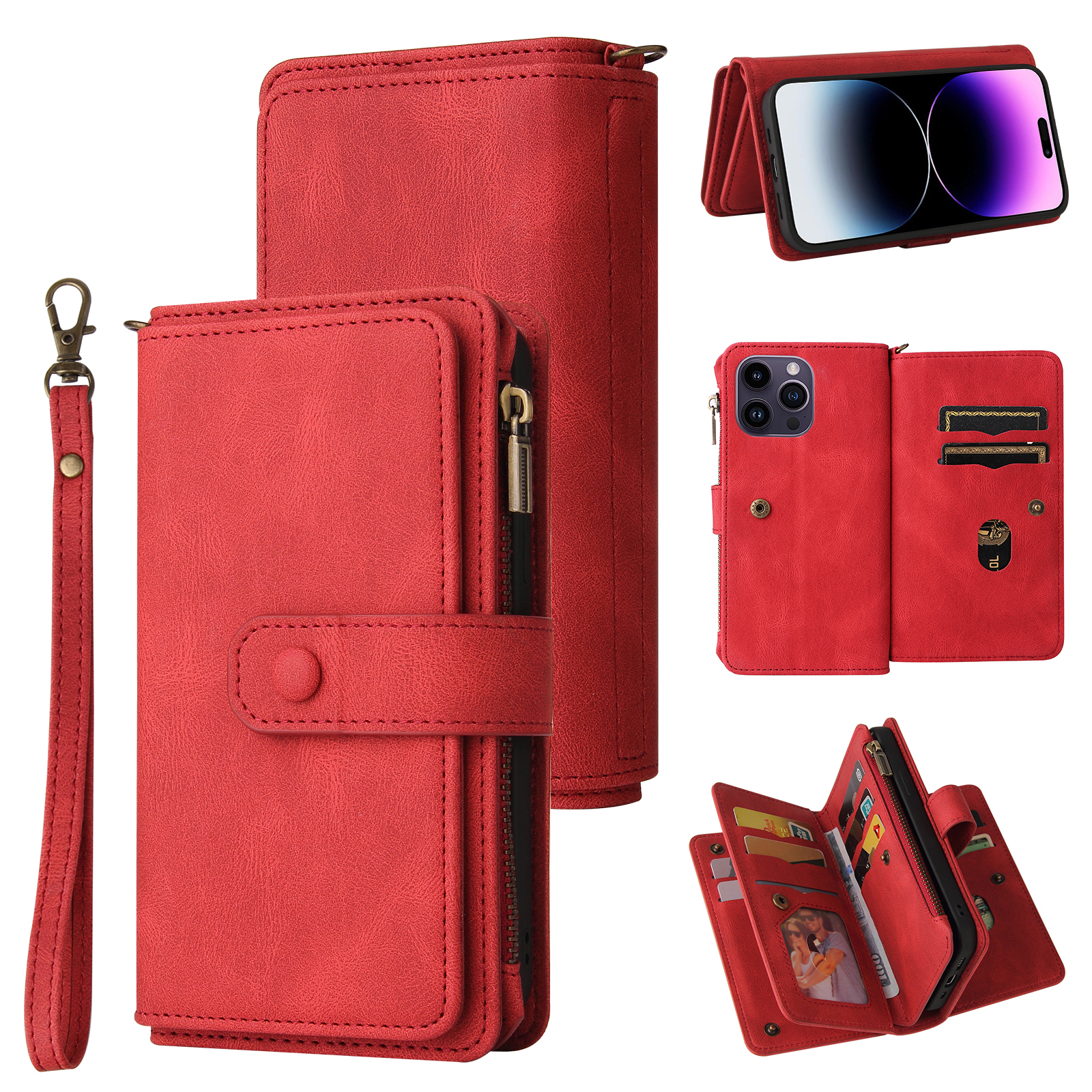For iPhone 15 Pro Max Zipper Wallet Case with 15 Card Slots and Strap Leather Phone Cover - Red
