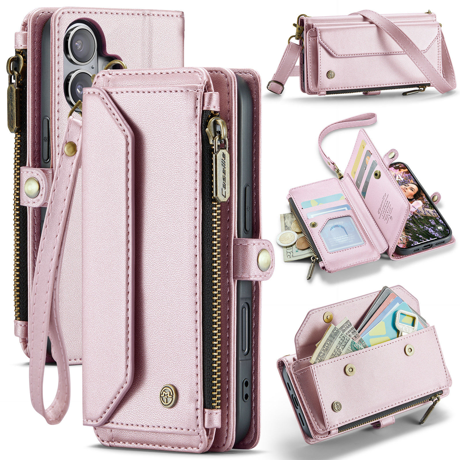 For iPhone 17 Leather Case CASEME C36 Zipper 10 Card Slots Phone Cover with Straps - Pink