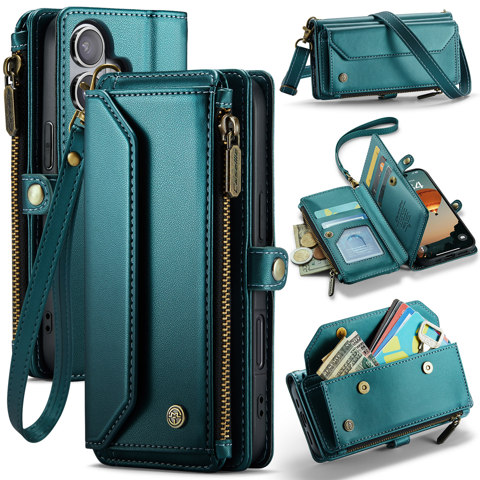 For iPhone 17 Leather Case CASEME C36 Zipper 10 Card Slots Phone Cover with Straps - Green