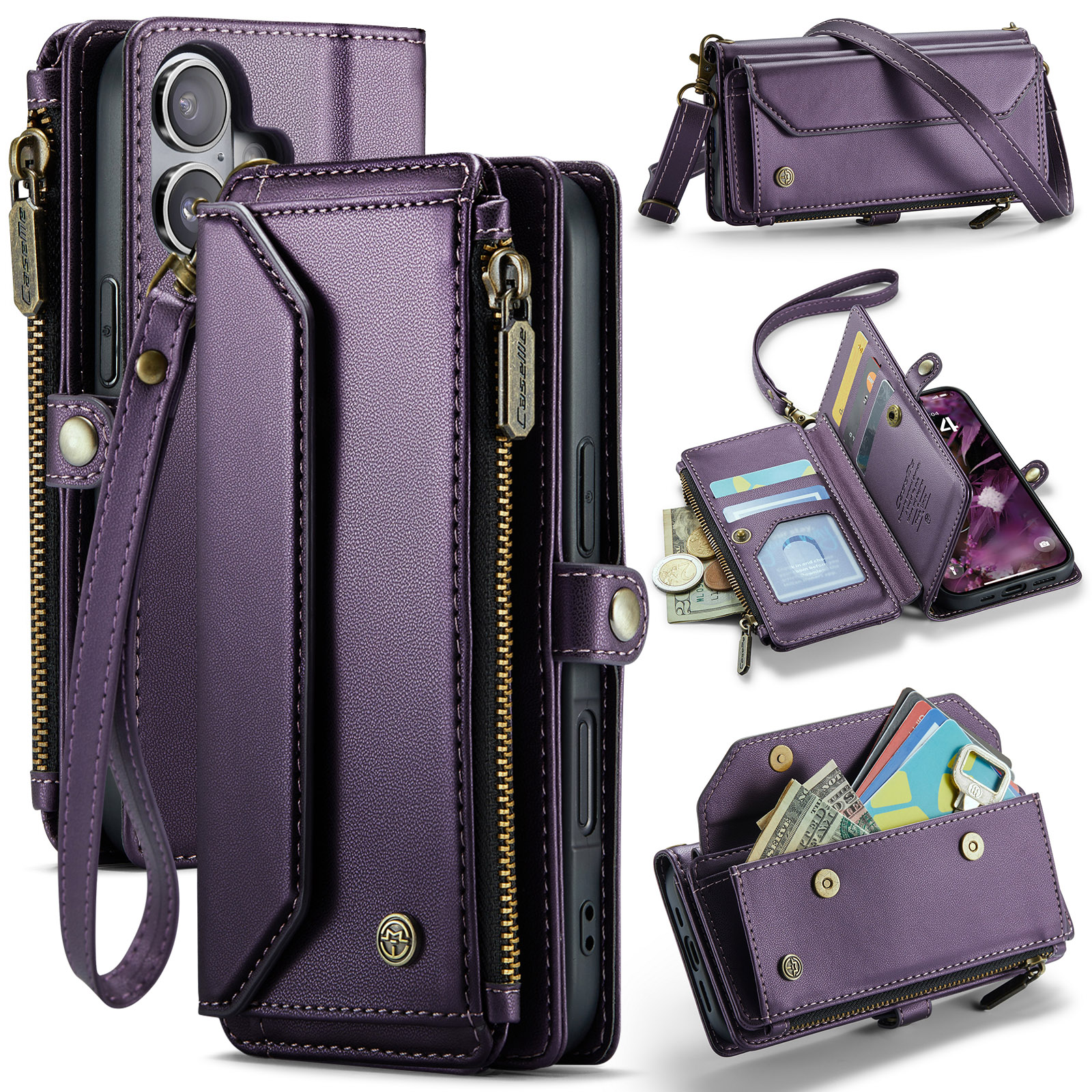 For iPhone 17 Leather Case CASEME C36 Zipper 10 Card Slots Phone Cover with Straps - Purple