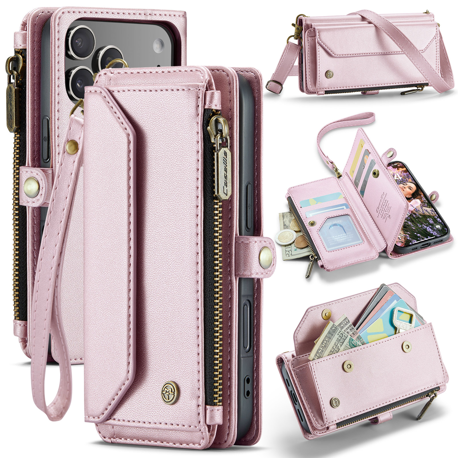 For iPhone 17 Pro Leather Case CASEME C36 Zipper 10 Card Slots Phone Cover with Straps - Pink