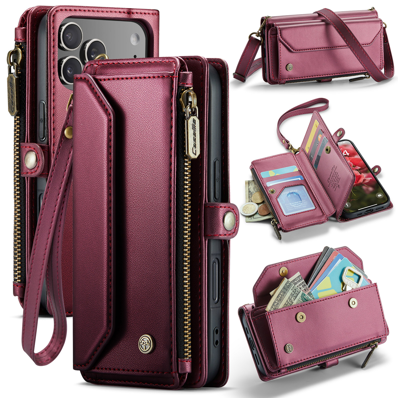 For iPhone 17 Pro Leather Case CASEME C36 Zipper 10 Card Slots Phone Cover with Straps - Red
