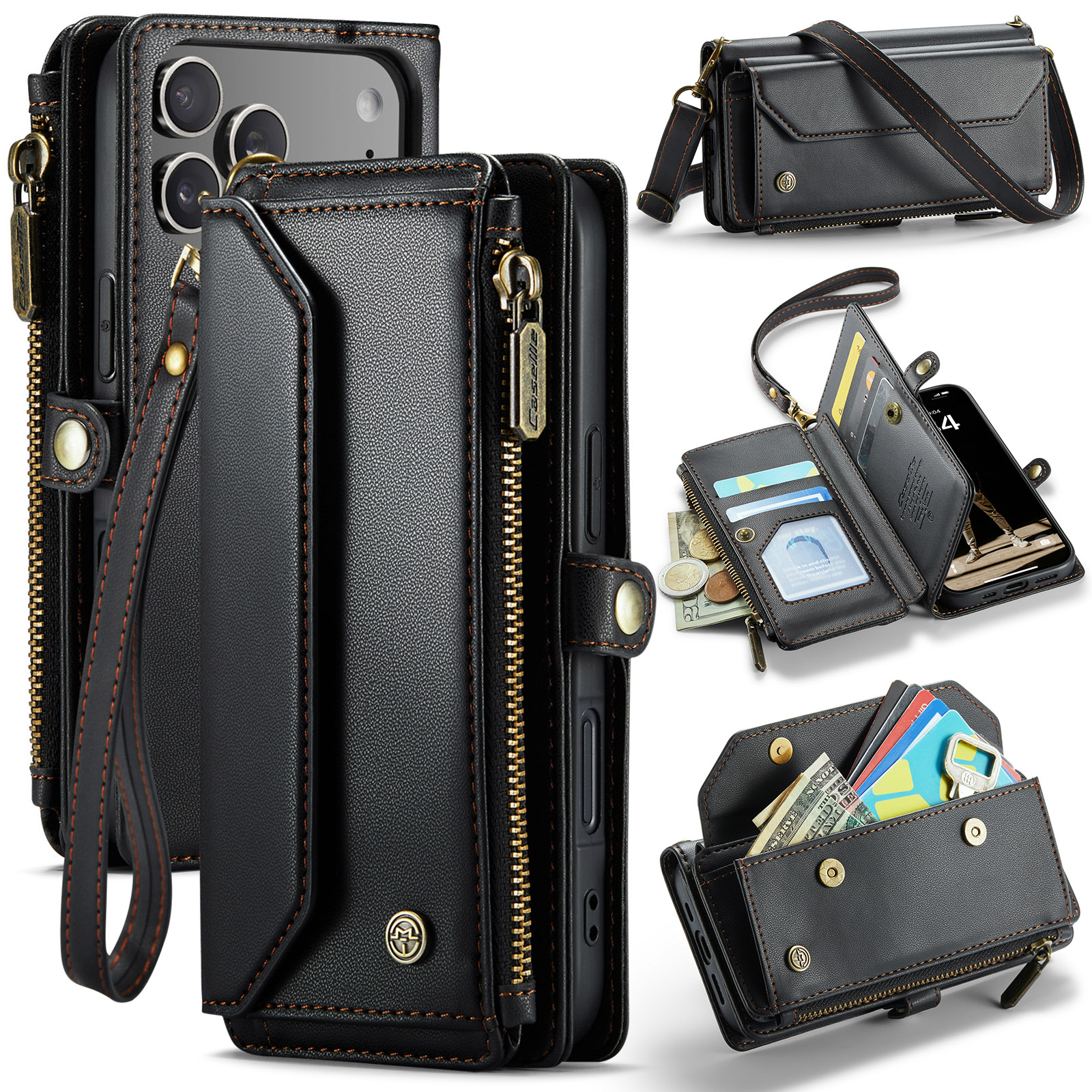 For iPhone 17 Pro Leather Case CASEME C36 Zipper 10 Card Slots Phone Cover with Straps - Black