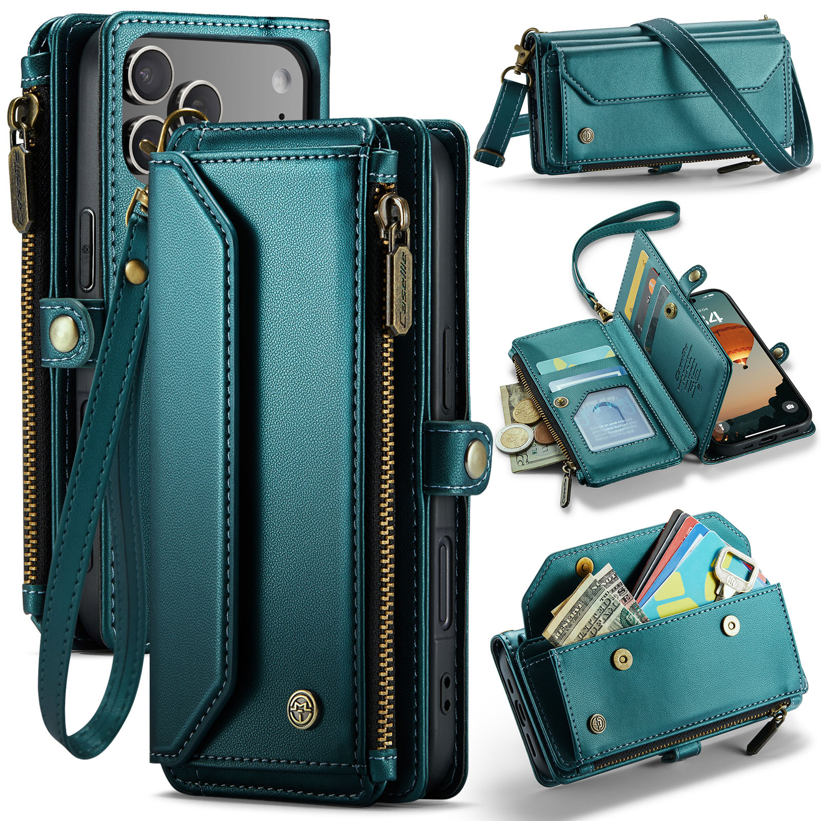 For iPhone 17 Pro Leather Case CASEME C36 Zipper 10 Card Slots Phone Cover with Straps - Green