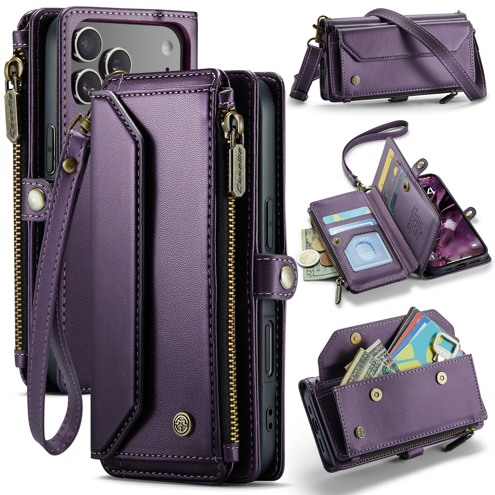 For iPhone 17 Pro Leather Case CASEME C36 Zipper 10 Card Slots Phone Cover with Straps - Purple