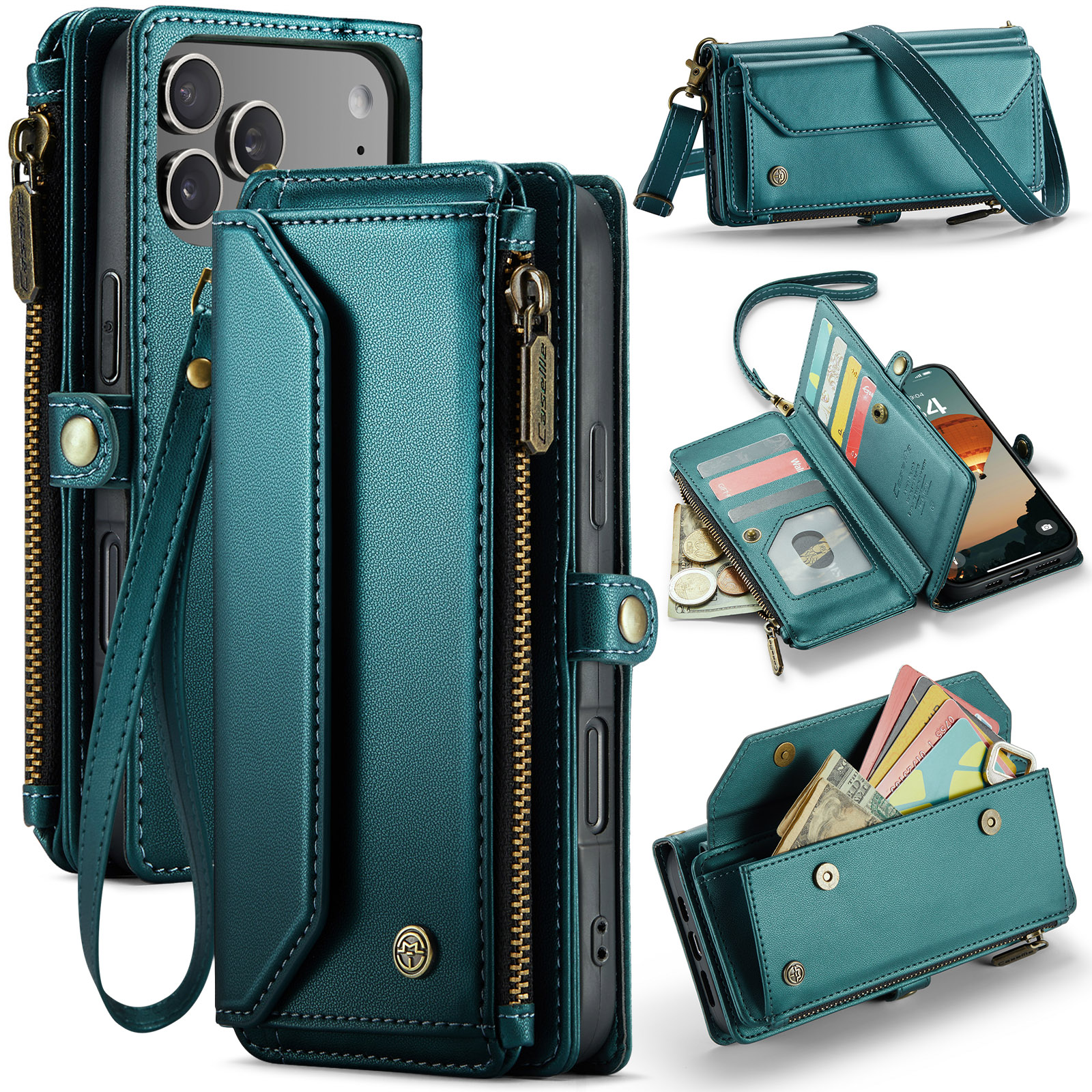 For iPhone 17 Pro Max Leather Case CASEME C36 Zipper 10 Card Slots Phone Cover with Straps - Green