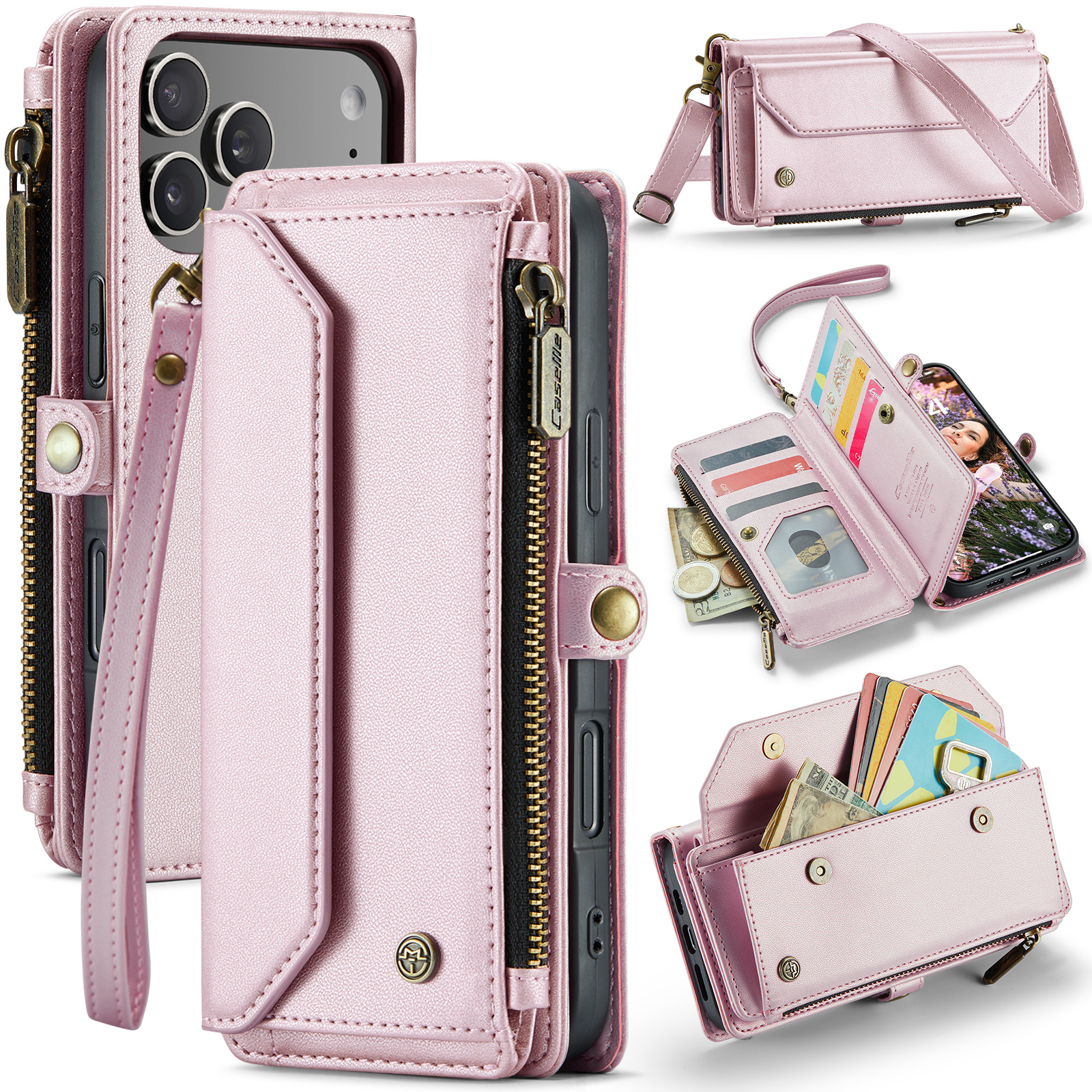 For iPhone 17 Pro Max Leather Case CASEME C36 Zipper 10 Card Slots Phone Cover with Straps - Pink