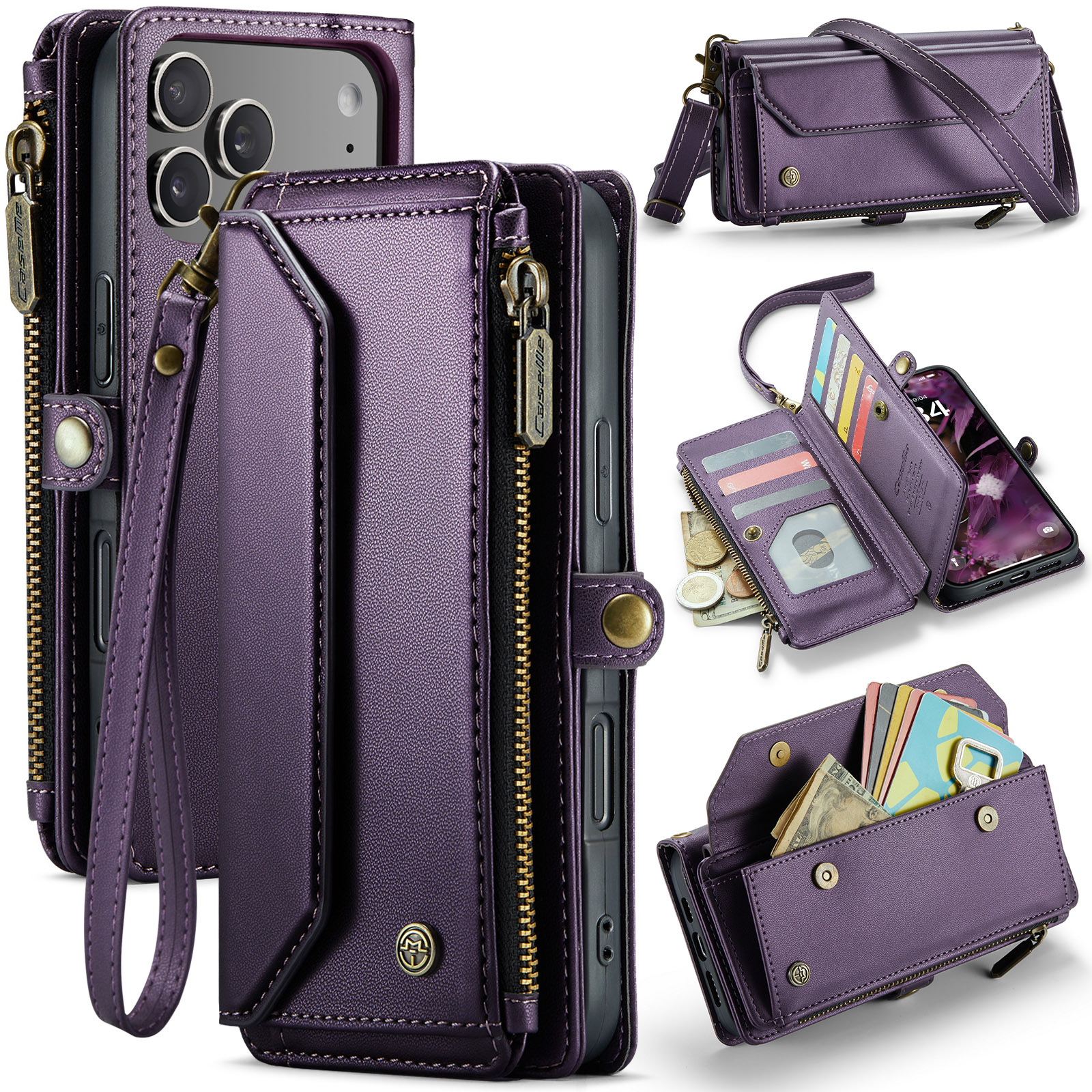For iPhone 17 Pro Max Leather Case CASEME C36 Zipper 10 Card Slots Phone Cover with Straps - Purple