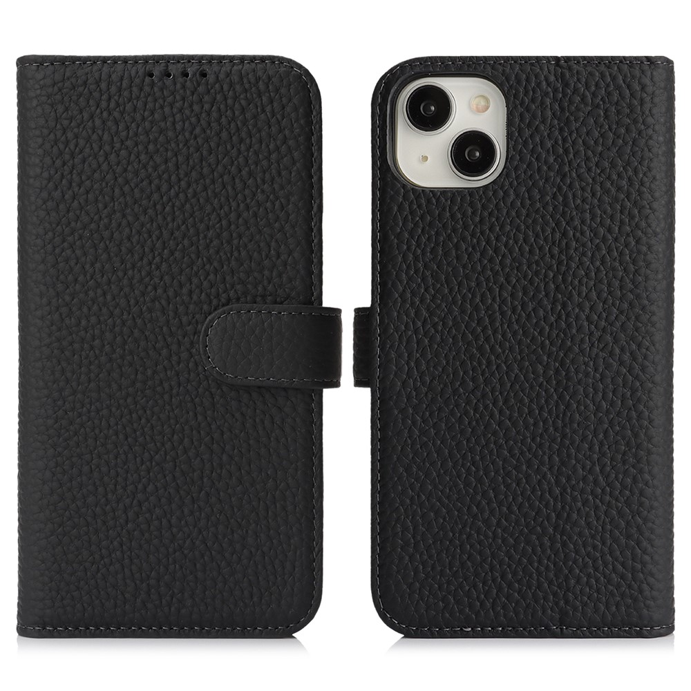 For iPhone 13 mini Stand Case Litchi Texture Genuine Cow Leather Wallet Phone Cover RFID Blocking - Black