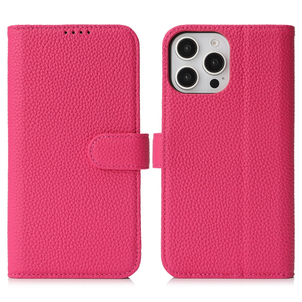 For iPhone 13 Pro Stand Case Litchi Texture Genuine Cow Leather Wallet Phone Cover RFID Blocking - Rose