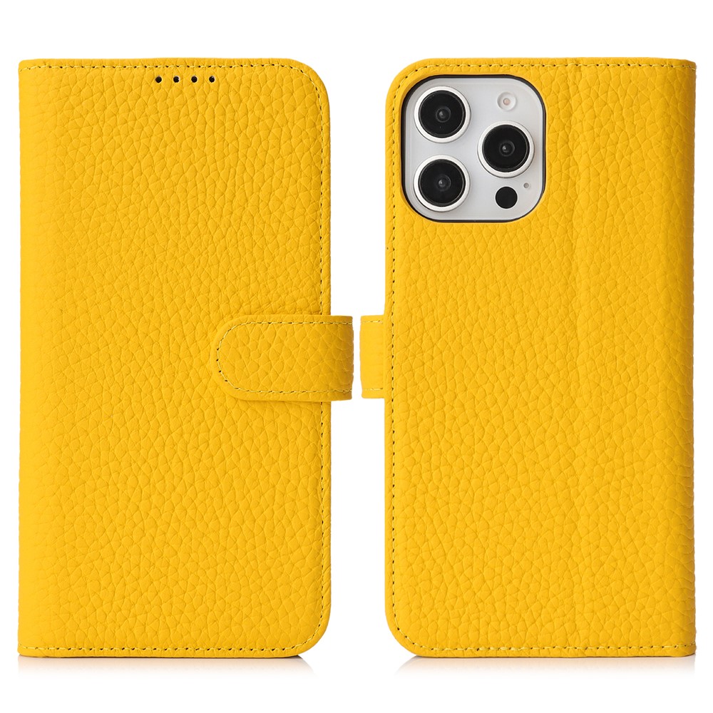 For iPhone 13 Pro Stand Case Litchi Texture Genuine Cow Leather Wallet Phone Cover RFID Blocking - Yellow