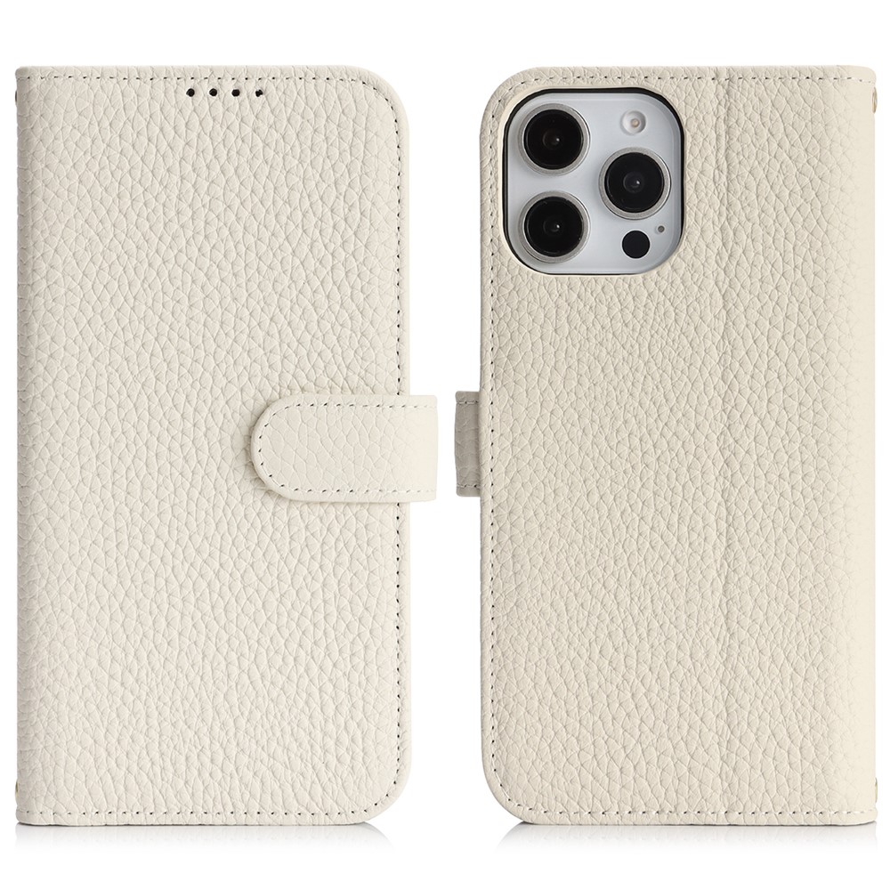 For iPhone 13 Pro Stand Case Litchi Texture Genuine Cow Leather Wallet Phone Cover RFID Blocking - White