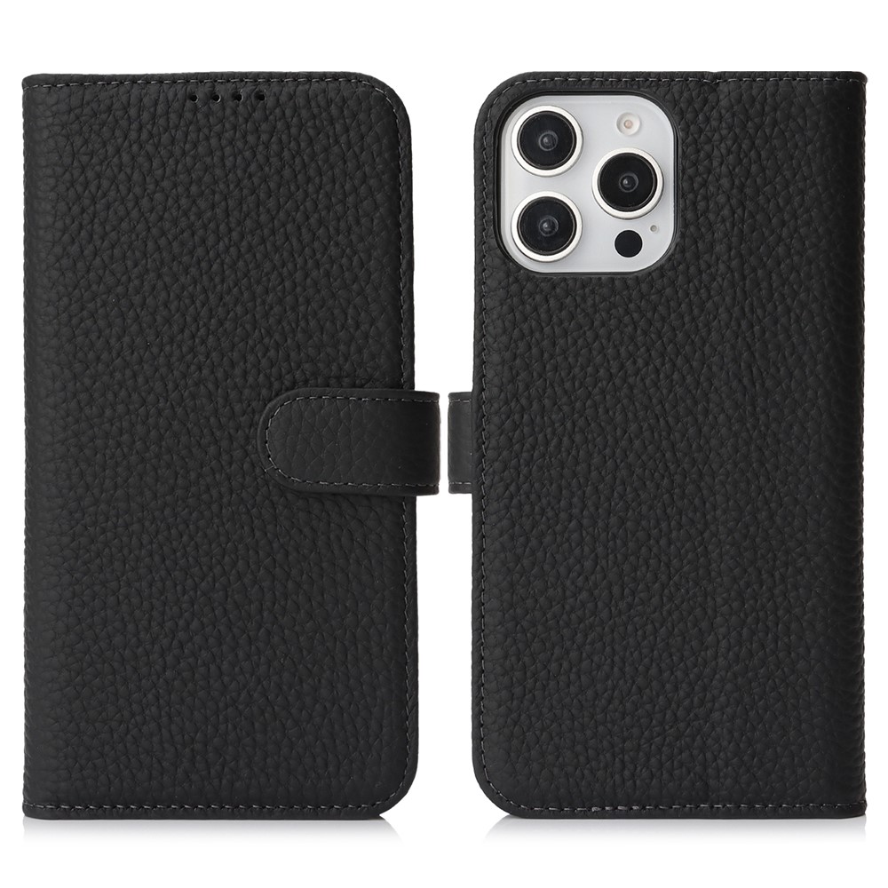 For iPhone 16 Pro Stand Case Litchi Texture Genuine Cow Leather Wallet Phone Cover RFID Blocking - Black