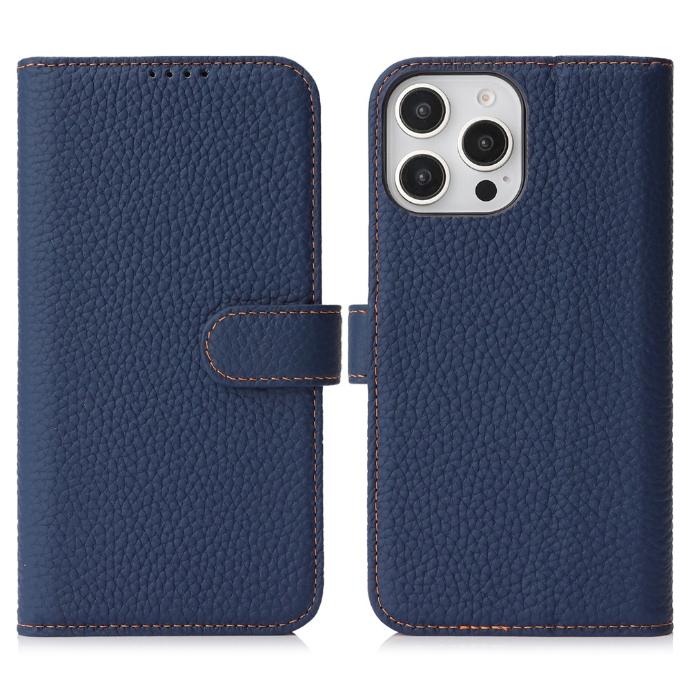 For iPhone 16 Pro Stand Case Litchi Texture Genuine Cow Leather Wallet Phone Cover RFID Blocking - Blue
