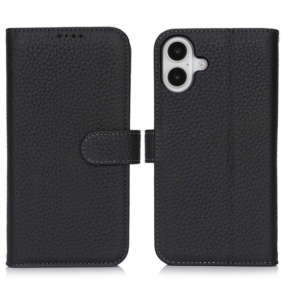 For iPhone 16 Plus Stand Case Litchi Texture Genuine Cow Leather Wallet Phone Cover RFID Blocking - Black