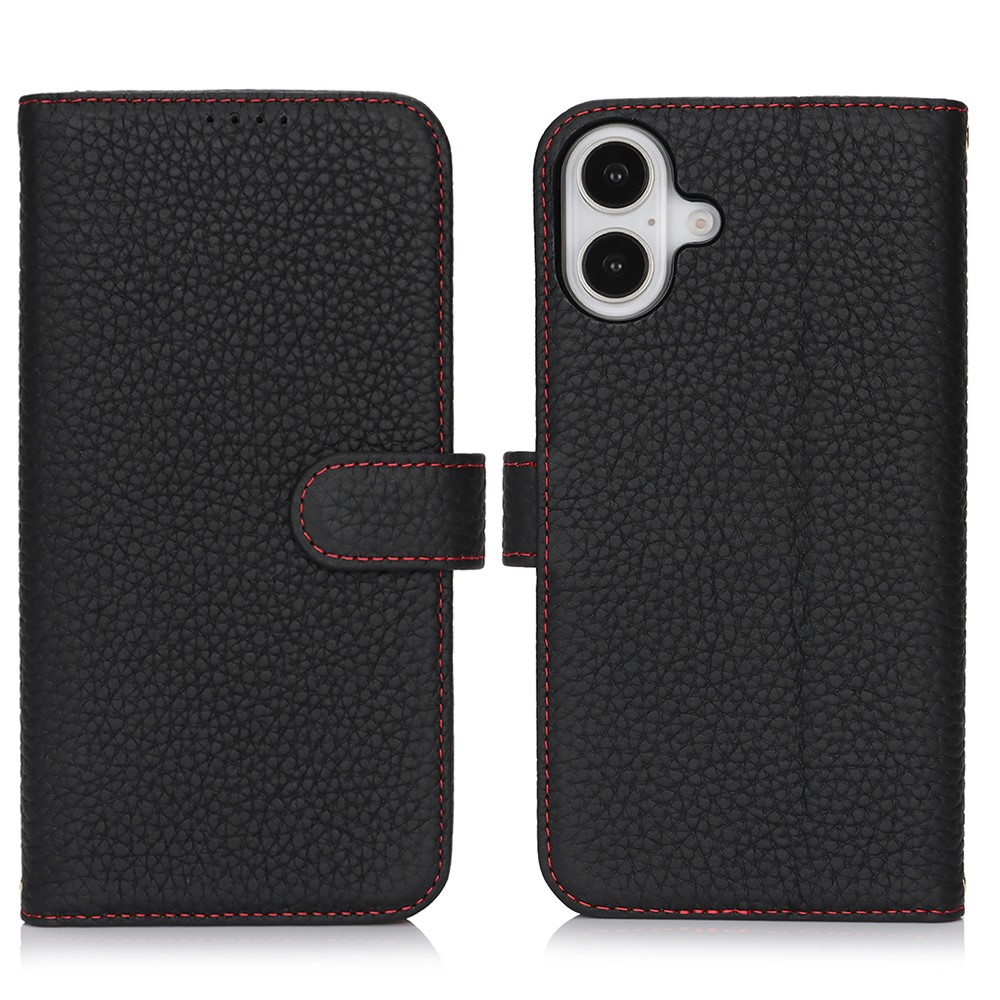 For iPhone 16 Plus Stand Case Litchi Texture Genuine Cow Leather Wallet Phone Cover RFID Blocking - Black / Red