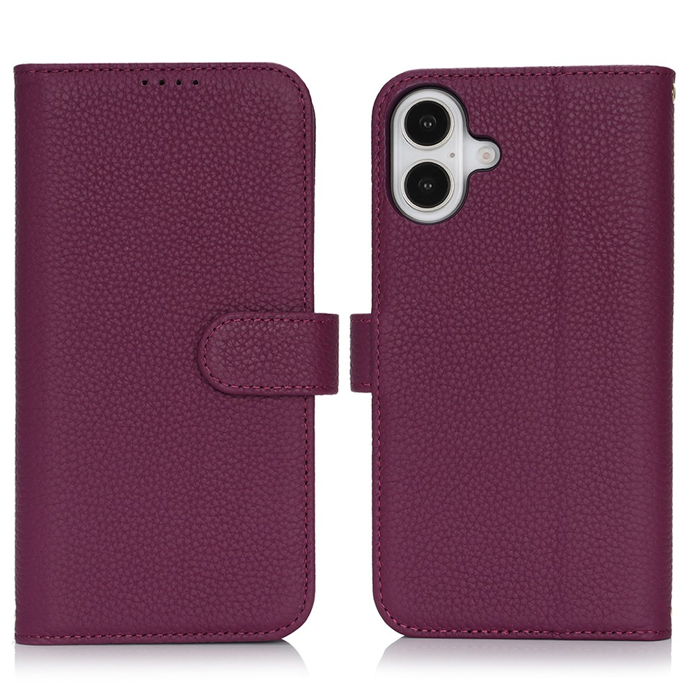 For iPhone 16 Plus Stand Case Litchi Texture Genuine Cow Leather Wallet Phone Cover RFID Blocking - Violet
