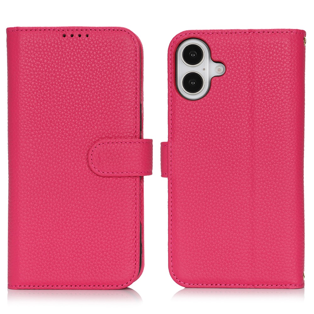 For iPhone 16 Plus Stand Case Litchi Texture Genuine Cow Leather Wallet Phone Cover RFID Blocking - Rose