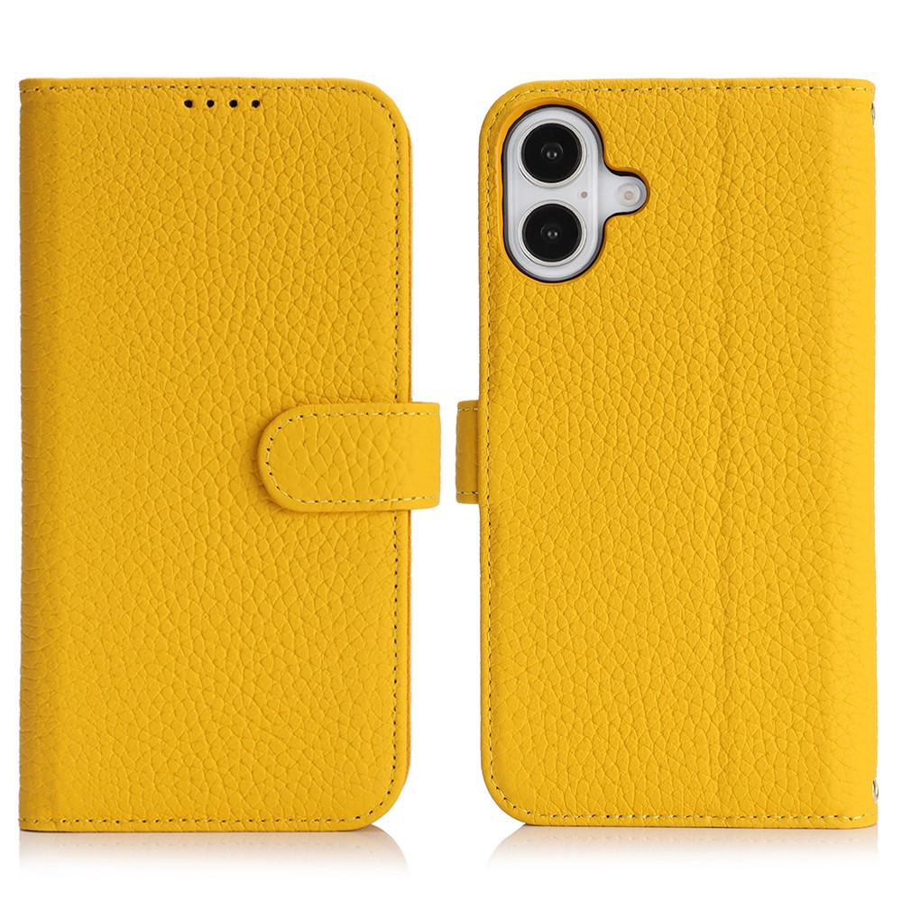 For iPhone 16 Plus Stand Case Litchi Texture Genuine Cow Leather Wallet Phone Cover RFID Blocking - Yellow