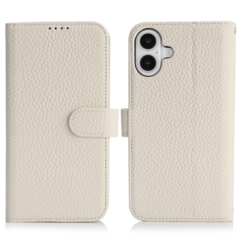 For iPhone 16 Plus Stand Case Litchi Texture Genuine Cow Leather Wallet Phone Cover RFID Blocking - White