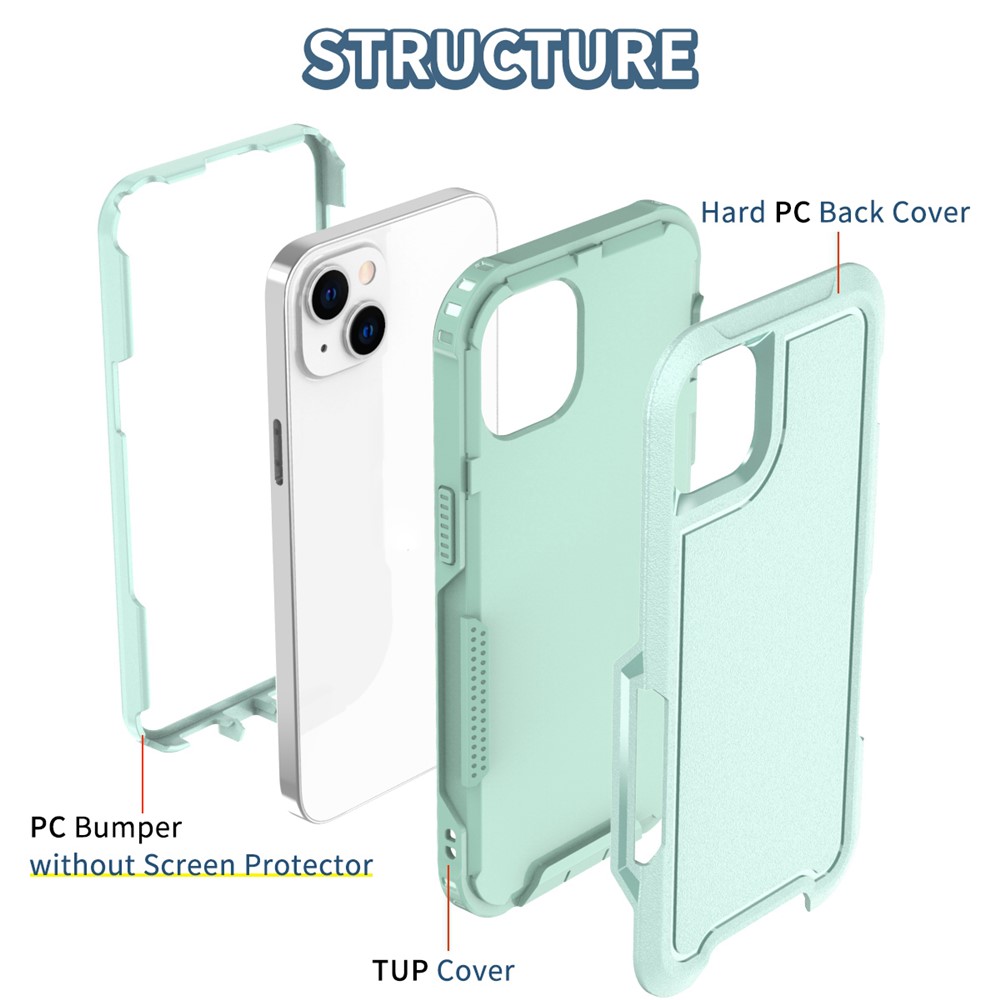 For iPhone 14 Shockproof Phone Case 3-in-1 Hybrid Soft TPU Hard PC Drop Protective Back Cover - Mint Green-6