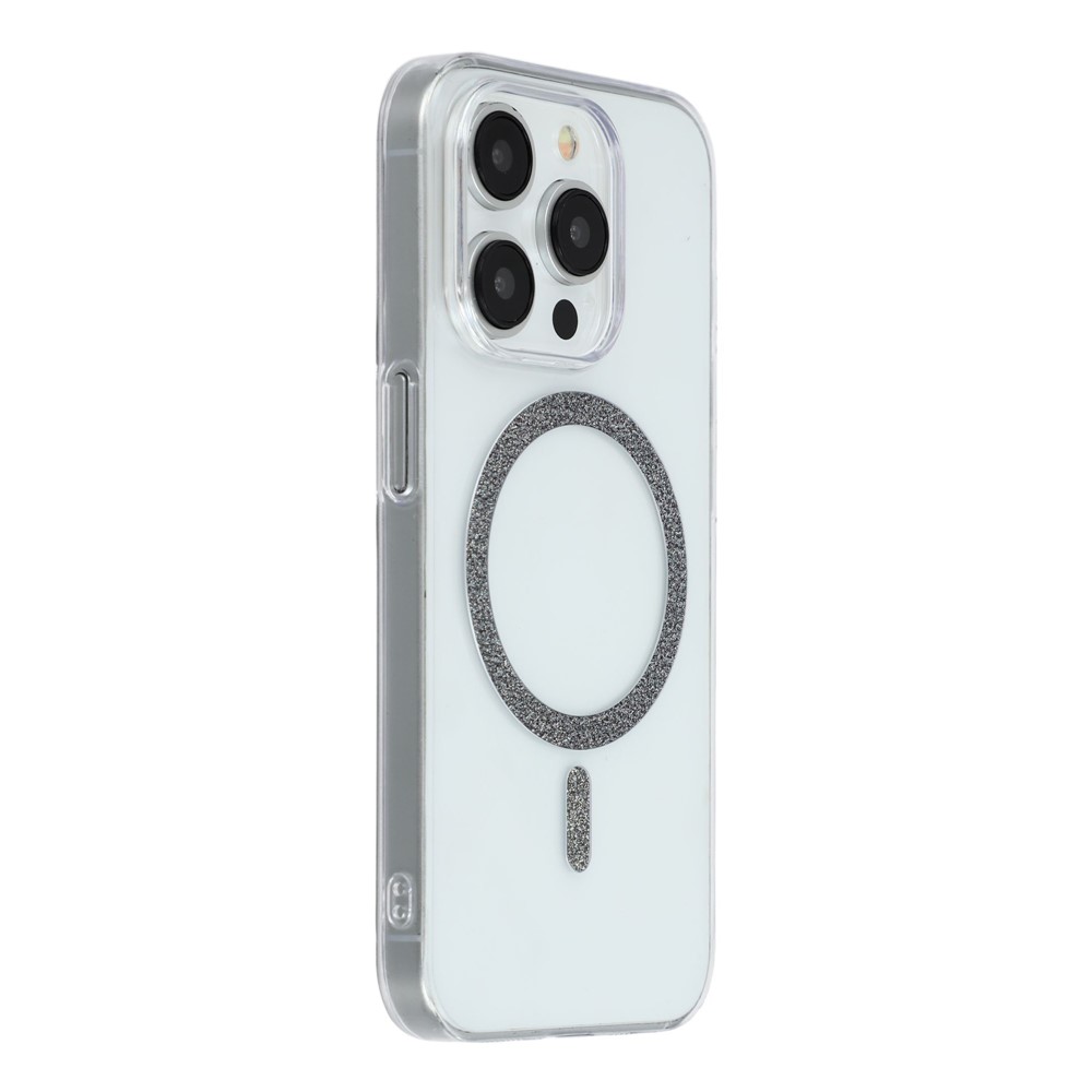 For iPhone 14 Pro Max Magnetic Case Glitter Ring 1.5mm Hard PC Clear Phone Cover - Black