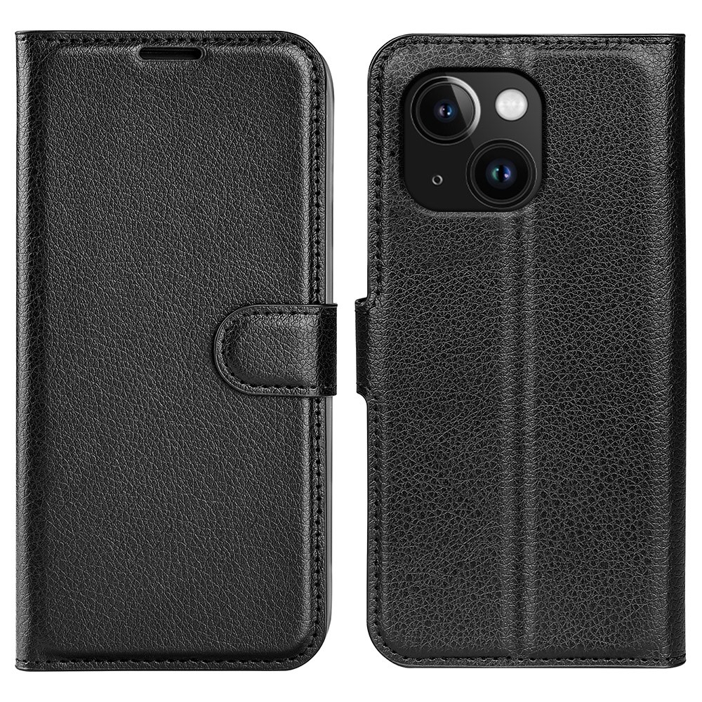 AMORUS For iPhone 15 Wallet Case Litchi Texture Shockproof Leather Flip Stand Phone Cover - Black