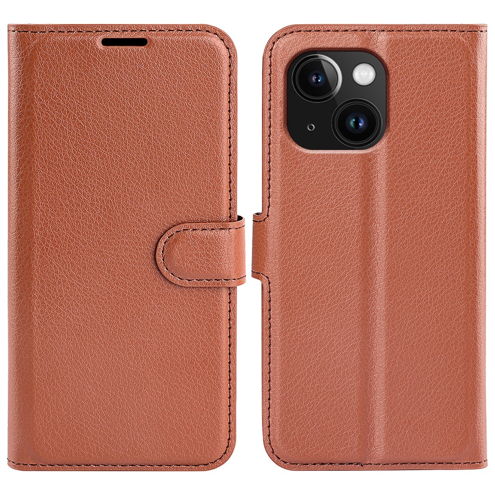 AMORUS For iPhone 15 Wallet Case Litchi Texture Shockproof Leather Flip Stand Phone Cover - Brown