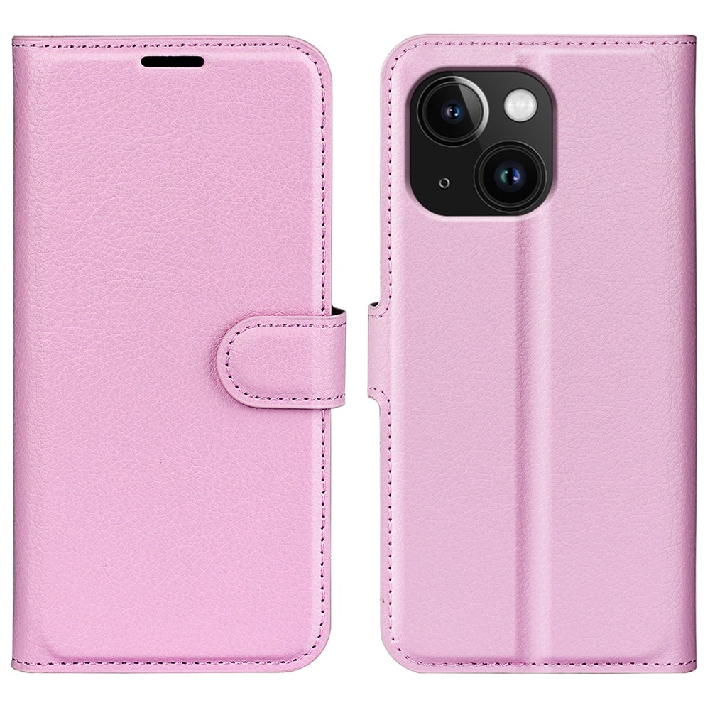 AMORUS For iPhone 15 Plus Wallet Case Litchi Texture Shockproof Leather Flip Stand Phone Cover - Pink