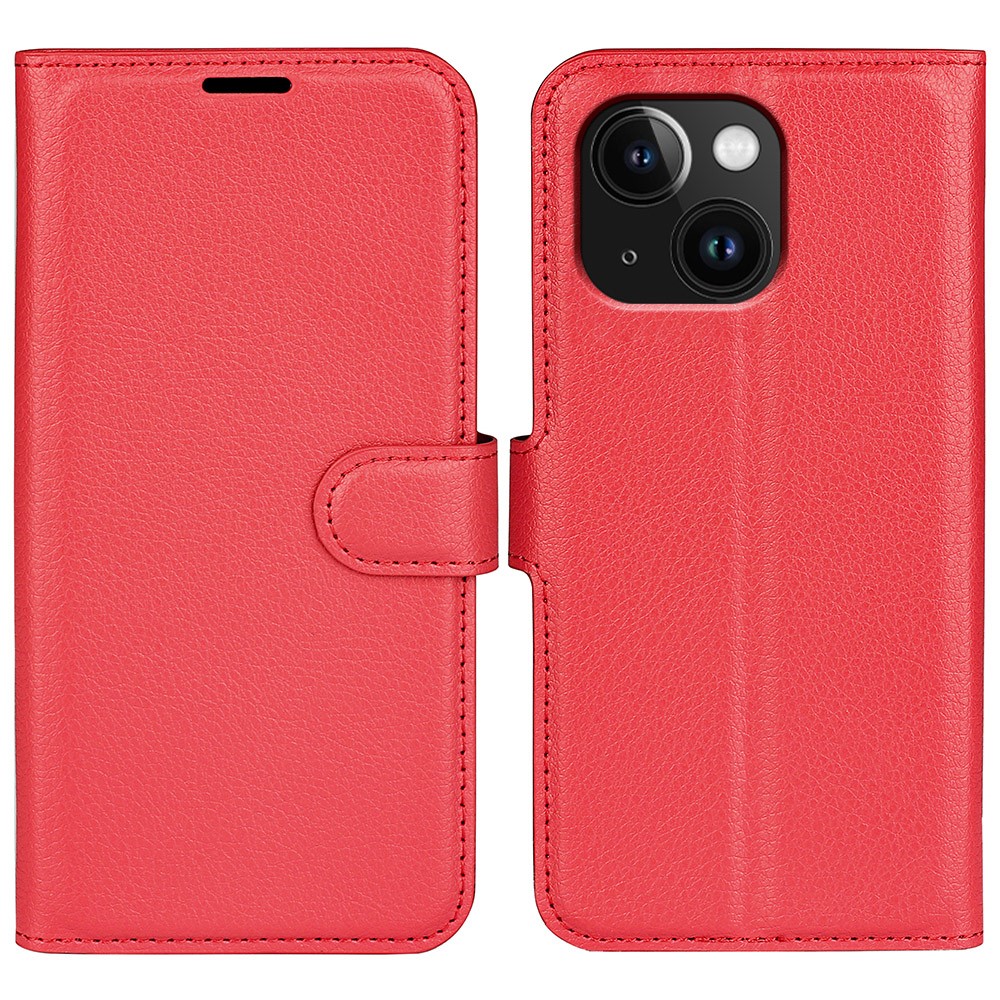 AMORUS For iPhone 15 Plus Wallet Case Litchi Texture Shockproof Leather Flip Stand Phone Cover - Red
