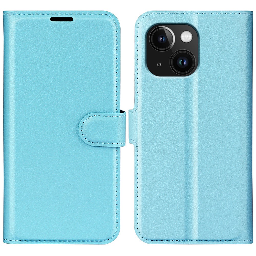 AMORUS For iPhone 15 Plus Wallet Case Litchi Texture Shockproof Leather Flip Stand Phone Cover - Blue