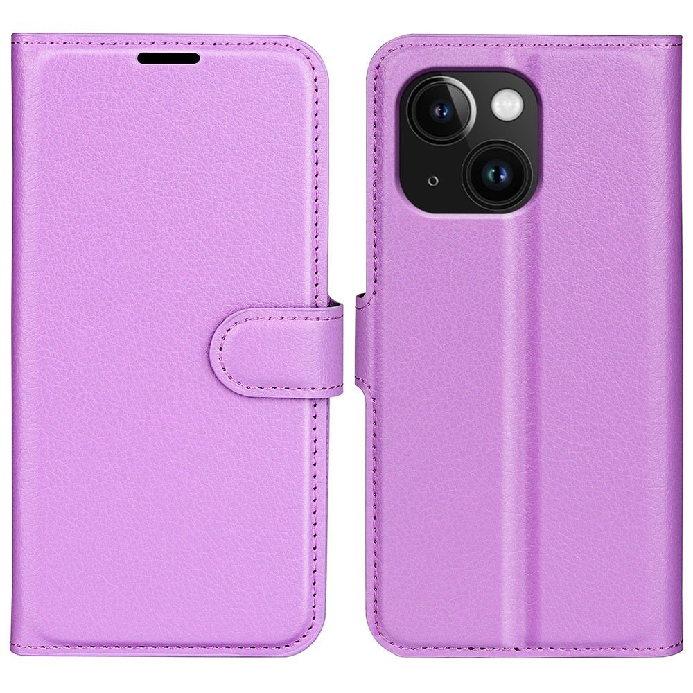 AMORUS For iPhone 15 Plus Wallet Case Litchi Texture Shockproof Leather Flip Stand Phone Cover - Purple