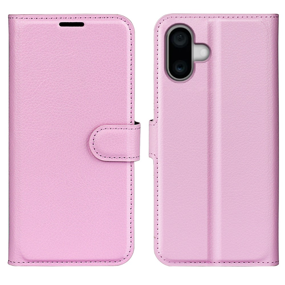 AMORUS For iPhone 16 Plus Wallet Case Litchi Texture Shockproof Leather Flip Stand Phone Cover - Pink