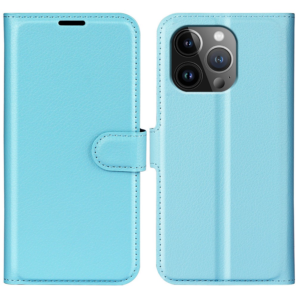 AMORUS For iPhone 15 Pro Wallet Case Litchi Texture Shockproof Leather Flip Stand Phone Cover - Blue
