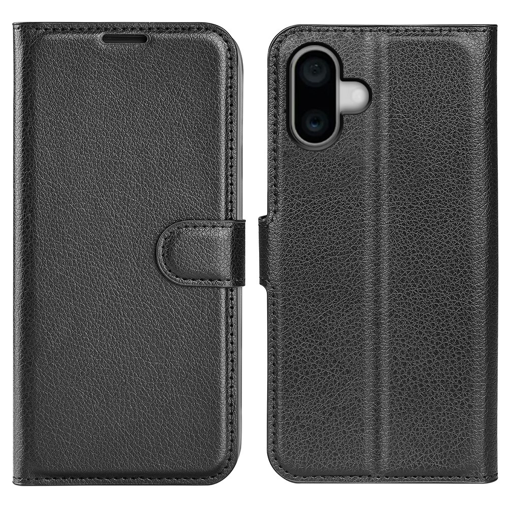AMORUS For iPhone 16 Wallet Case Litchi Texture Shockproof Leather Flip Stand Phone Cover - Black
