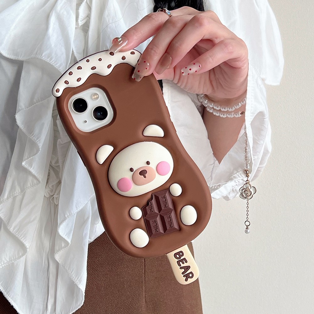 For iPhone 15 Silicone Case Cute Ice Cream Bear Design Shockproof Phone Back Cover