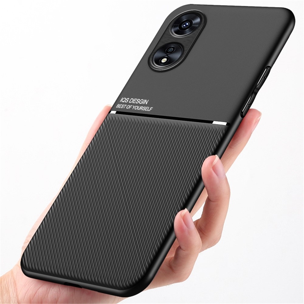 Cell Phone Protector Case for Oppo A17 4G, Lines Imprinted PU Leather+TPU Shell with Built-in Metal Sheet - Black-2
