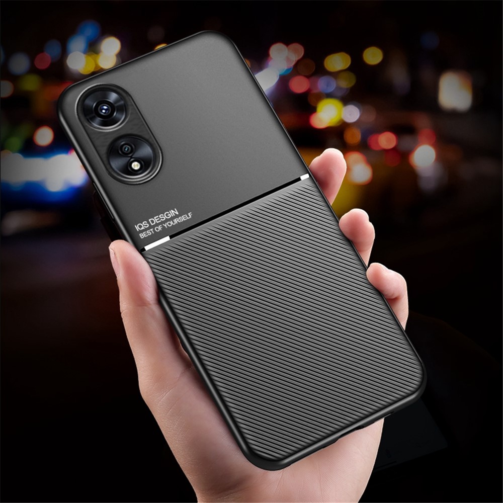Cell Phone Protector Case for Oppo A17 4G, Lines Imprinted PU Leather+TPU Shell with Built-in Metal Sheet - Black-4