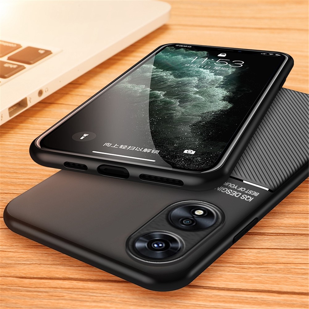 Cell Phone Protector Case for Oppo A17 4G, Lines Imprinted PU Leather+TPU Shell with Built-in Metal Sheet - Black-5