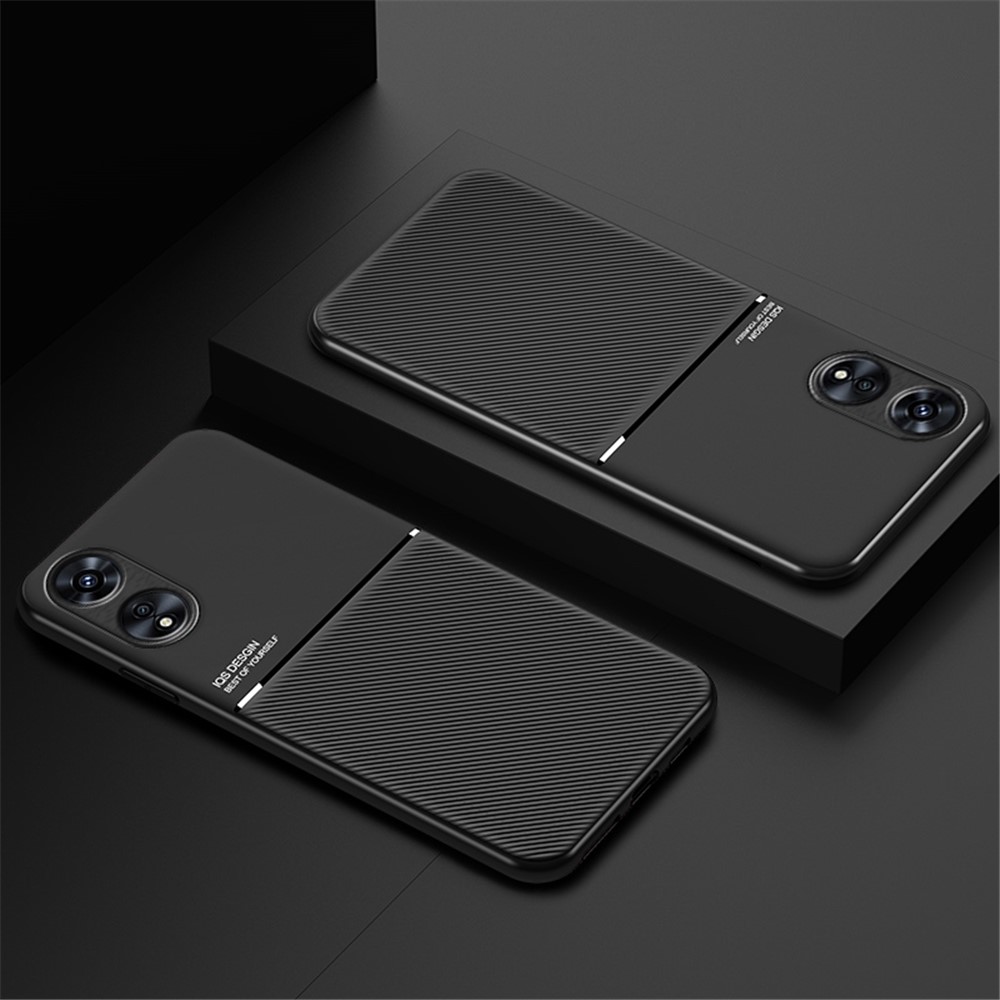 Cell Phone Protector Case for Oppo A17 4G, Lines Imprinted PU Leather+TPU Shell with Built-in Metal Sheet - Black-7