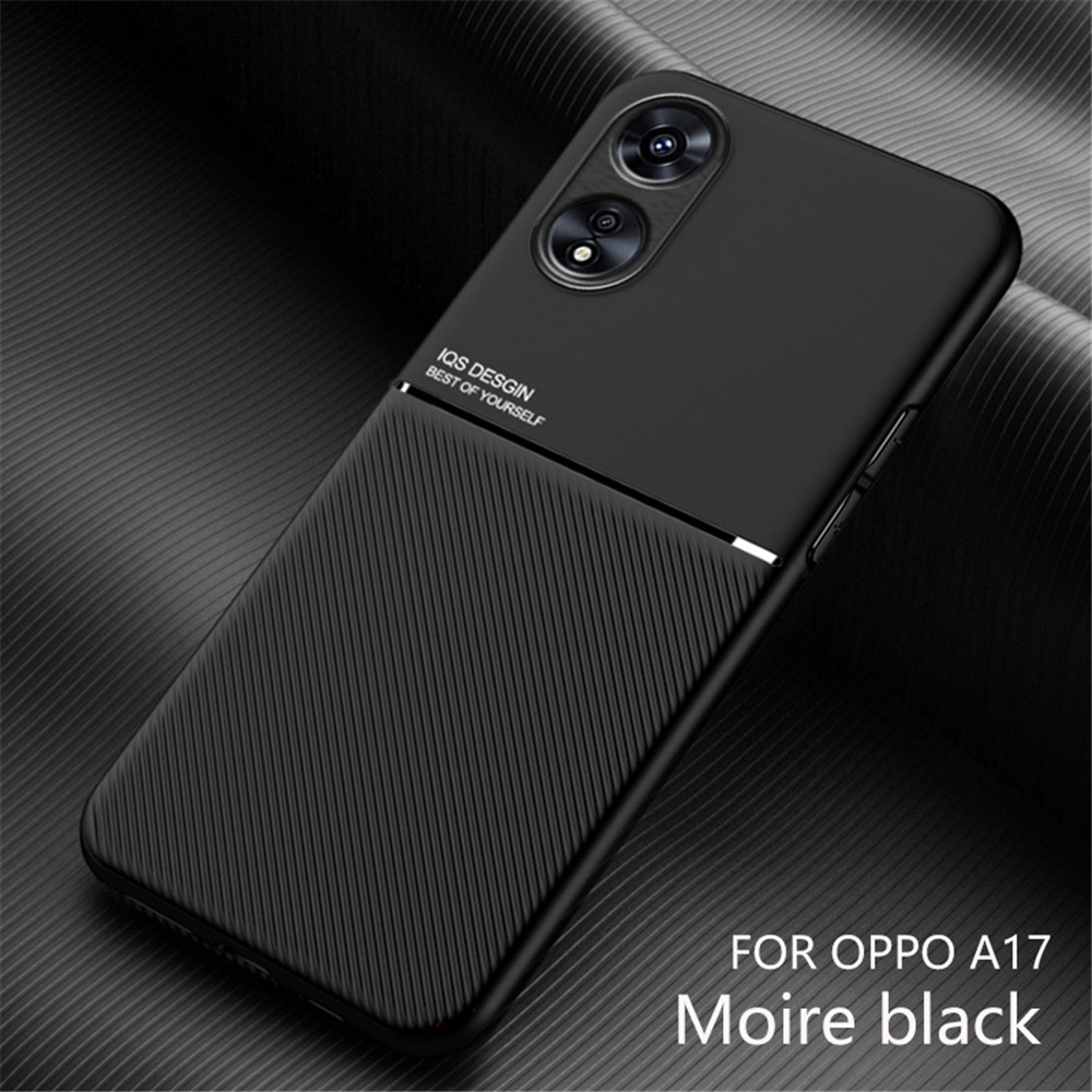 Cell Phone Protector Case for Oppo A17 4G, Lines Imprinted PU Leather+TPU Shell with Built-in Metal Sheet - Black-8