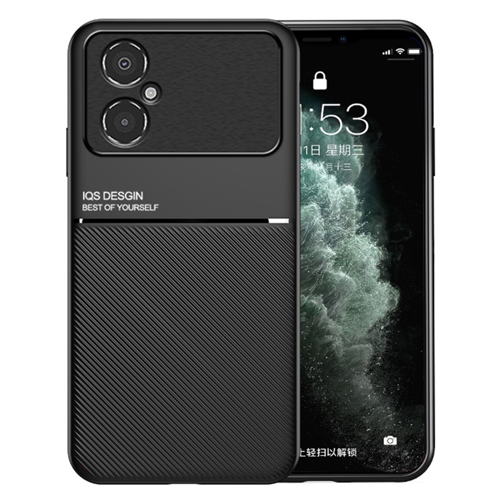 Back Protector for Xiaomi Poco M4 5G, Lines Imprinted PU Leather+TPU Hybrid Shell with Built-in Metal Sheet - Black-1