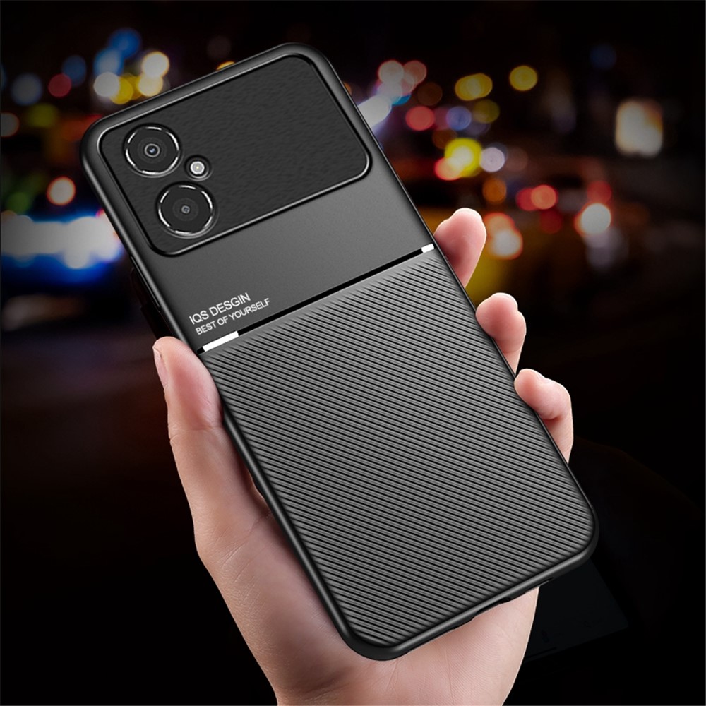 Back Protector for Xiaomi Poco M4 5G, Lines Imprinted PU Leather+TPU Hybrid Shell with Built-in Metal Sheet - Black-2