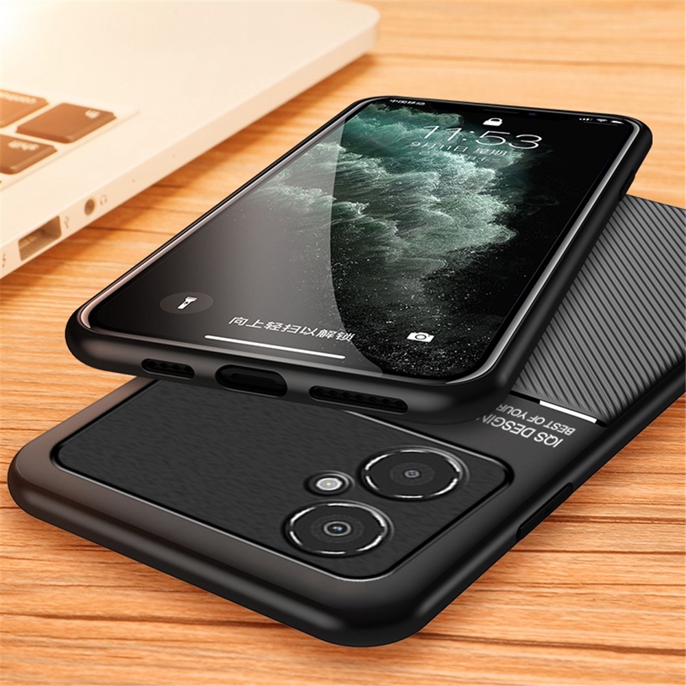 Back Protector for Xiaomi Poco M4 5G, Lines Imprinted PU Leather+TPU Hybrid Shell with Built-in Metal Sheet - Black-3