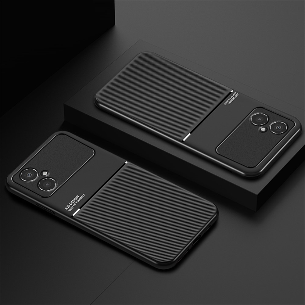 Back Protector for Xiaomi Poco M4 5G, Lines Imprinted PU Leather+TPU Hybrid Shell with Built-in Metal Sheet - Black-5