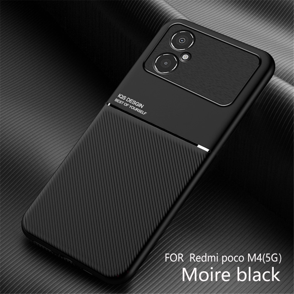 Back Protector for Xiaomi Poco M4 5G, Lines Imprinted PU Leather+TPU Hybrid Shell with Built-in Metal Sheet - Black-6